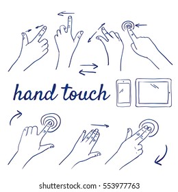 Doodle set of hand touch, finger, smart phone, tablet - hand-drawn. Vector sketch illustration isolated over white background.