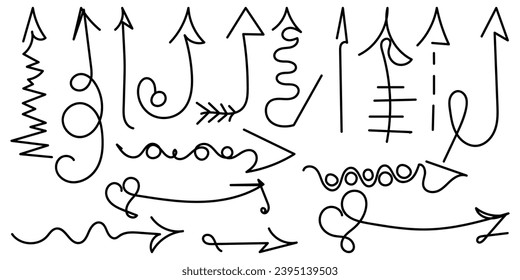 Doodle set of hand-drawn black arrows isolated on white background. Monochrome vector illustration for cards, business, banners, logotypes, textile