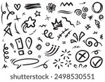 Doodle set of hand-drawn cartoony expression sign doodle, curve directional arrows, emoticon effects design elements, cartoon character emotion symbols, cute decorative brush stroke lines.