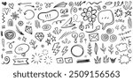 Doodle set of hand-drawn cartoony expression sign doodle, curve directional arrows, emoticon effects design elements, cartoon character emotion symbols, cute decorative brush stroke lines.