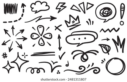 Doodle set of hand-drawn cartoony expression sign doodle, curve directional arrows, emoticon effects design elements, cartoon character emotion symbols, cute decorative brush stroke lines.