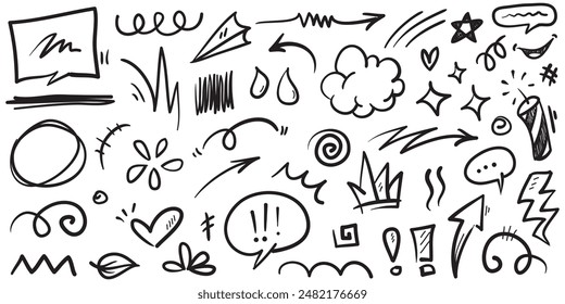 Doodle set of hand-drawn cartoony expression sign doodle, curve directional arrows, emoticon effects design elements, cartoon character emotion symbols, cute decorative brush stroke lines.