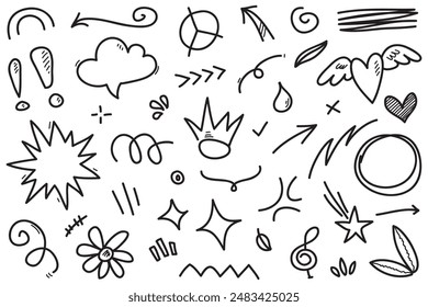 Doodle conjunto de dibujo a mano dibujado de la expresión de la caricatura signo doodle, flechas direccionales de curva, Elementos de diseño de efectos de emoticono, dibujos animados de carácter de emoción, lindas líneas decorativas de pinceladas de pincel.