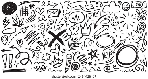 Doodle set of hand-drawn cartoony expression sign doodle, curve directional arrows, emoticon effects design elements, cartoon character emotion symbols, cute decorative brush stroke lines.