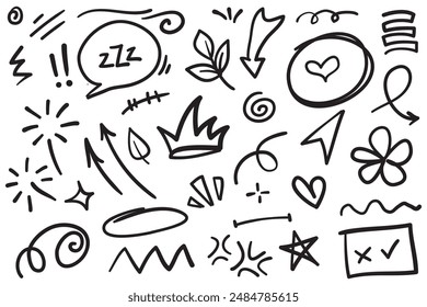 Doodle set of hand-drawn cartoony expression sign doodle, curve directional arrows, emoticon effects design elements, cartoon character emotion symbols, cute decorative brush stroke lines.