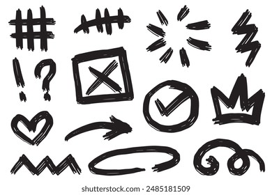 Doodle set of hand-drawn cartoony expression sign doodle, curve directional arrows, emoticon effects design elements, cartoon character emotion symbols, cute decorative brush stroke lines.