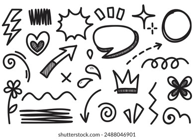 Doodle set of hand-drawn cartoony expression sign doodle, curve directional arrows, emoticon effects design elements, cartoon character emotion symbols, cute decorative brush stroke lines.