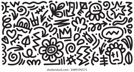 Doodle set of hand-drawn cartoony expression sign doodle, curve directional arrows, emoticon effects design elements, cartoon character emotion symbols, cute decorative brush stroke lines.