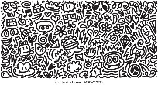 Doodle conjunto de dibujo a mano dibujado de la expresión de la caricatura signo doodle, flechas direccionales de curva, Elementos de diseño de efectos de emoticono, dibujos animados de carácter de emoción, lindas líneas decorativas de pinceladas de pincel.