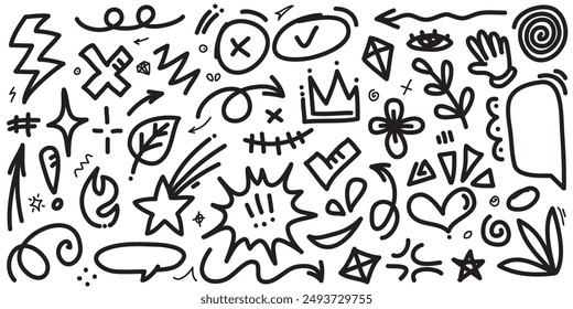 Doodle set of hand-drawn cartoony expression sign doodle, curve directional arrows, emoticon effects design elements, cartoon character emotion symbols, cute decorative brush stroke lines.