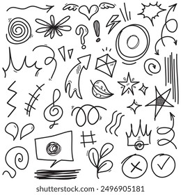 Doodle set of hand-drawn cartoony expression sign doodle, curve directional arrows, emoticon effects design elements, cartoon character emotion symbols, cute decorative brush stroke lines.