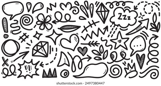Doodle set of hand-drawn cartoony expression sign doodle, curve directional arrows, emoticon effects design elements, cartoon character emotion symbols, cute decorative brush stroke lines.