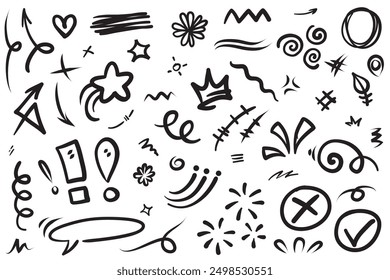 Doodle set of hand-drawn cartoony expression sign doodle, curve directional arrows, emoticon effects design elements, cartoon character emotion symbols, cute decorative brush stroke lines.