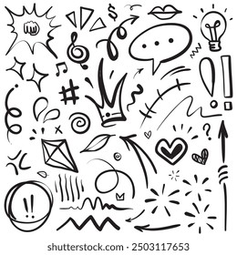 Doodle set of hand-drawn cartoony expression sign doodle, curve directional arrows, emoticon effects design elements, cartoon character emotion symbols, cute decorative brush stroke lines.