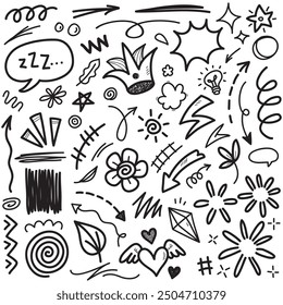 Doodle set of hand-drawn cartoony expression sign doodle, curve directional arrows, emoticon effects design elements, cartoon character emotion symbols, cute decorative brush stroke lines.