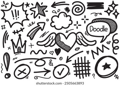 Doodle set of hand-drawn cartoony expression sign doodle, curve directional arrows, emoticon effects design elements, cartoon character emotion symbols, cute decorative brush stroke lines.