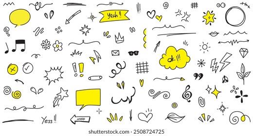 Conjunto de doodle de desenho à mão de sinais de expressão de cartoons doodle, curvas setas direcionais, efeitos emoticon elementos de design, personagens de desenho animado símbolos de emoção, linhas decorativas bonitas de traçado de pincel.