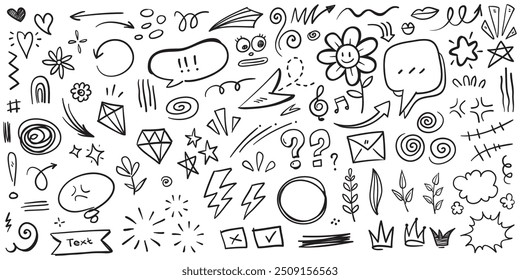 Conjunto de doodle de desenho à mão de sinais de expressão de cartoons doodle, curvas setas direcionais, efeitos emoticon elementos de design, personagens de desenho animado símbolos de emoção, linhas decorativas bonitas de traçado de pincel.