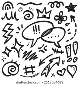 Doodle set of hand-drawn cartoony expression sign doodle, curve directional arrows, emoticon effects design elements, cartoon character emotion symbols, cute decorative brush stroke lines.