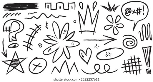 Doodle set of hand-drawn cartoony expression sign doodle, curve directional arrows, emoticon effects design elements, cartoon character emotion symbols, cute decorative brush stroke lines.