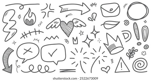 Doodle Satz von handgezeichneten Cartoon Ausdruck Zeichen doodle, Kurve Richtungspfeile, Emoticon Effekte Design-Elemente, Zeichentrickfigur Emotion-Symbole, niedlichen dekorativen Pinsel Strich Linien.