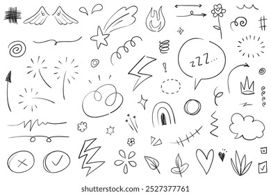 Doodle set of hand-drawn cartoony expression sign doodle, curve directional arrows, emoticon effects design elements, cartoon character emotion symbols, cute decorative brush stroke lines.