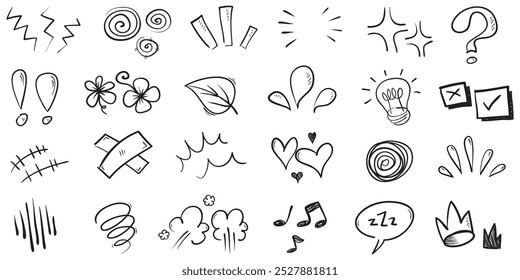 Doodle Satz von handgezeichneten Cartoon Ausdruck Zeichen doodle, Kurve Richtungspfeile, Emoticon Effekte Design-Elemente, Zeichentrickfigur Emotion-Symbole, niedlichen dekorativen Pinsel Strich Linien.