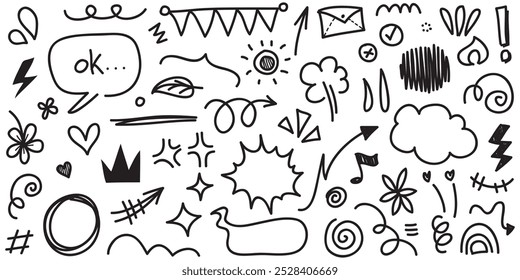 Conjunto de doodle de desenho à mão de sinais de expressão de cartoons doodle, curvas setas direcionais, efeitos emoticon elementos de design, personagens de desenho animado símbolos de emoção, linhas decorativas bonitas de traçado de pincel.