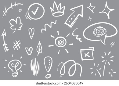 Doodle set of hand-drawn cartoony expression sign doodle, curve directional arrows, emoticon effects design elements, cartoon character emotion symbols, cute decorative brush stroke lines.
