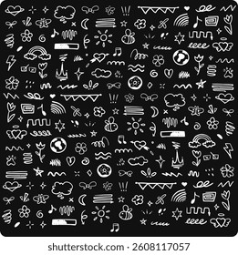 Doodle set of hand-drawn cartoony expression sign doodle on black background