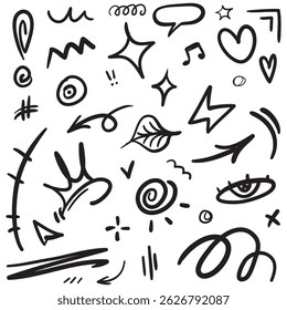 Doodle set of hand-drawn cartoony expression sign doodle, curve directional arrows, emoticon effects design elements, cartoon character emotion symbols, cute decorative brush stroke lines.