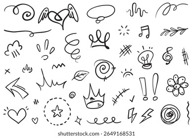Doodle Satz von handgezeichneten Cartoon Ausdruck Zeichen doodle, Kurve Richtungspfeile, Emoticon Effekte Design-Elemente, Zeichentrickfigur Emotion-Symbole, niedlichen dekorativen Pinsel Strich Linien.