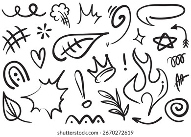 Doodle set of hand-drawn cartoony expression sign doodle, curve directional arrows, emoticon effects design elements, cartoon character emotion symbols, cute decorative brush stroke lines.