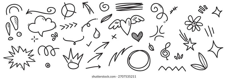 Conjunto de doodle Dibujado a mano Cartoony Expression Sign Doodle Curve Flechas direccionales Emoticon Effects Design (2)
