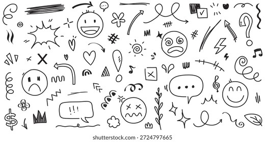 Doodle conjunto de dibujos animados dibujados a mano signo de expresión doodle, flechas direccionales de curva, Elementos de diseño de efectos de emoticonos, símbolos de emoción de personajes de dibujos animados, lindas líneas de trazo de pincel decorativo.