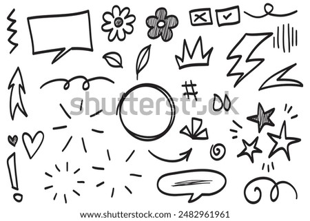 Doodle set of hand-drawn cartoony expression sign doodle, curve directional arrows, emoticon effects design elements, cartoon character emotion symbols, cute decorative brush stroke lines.