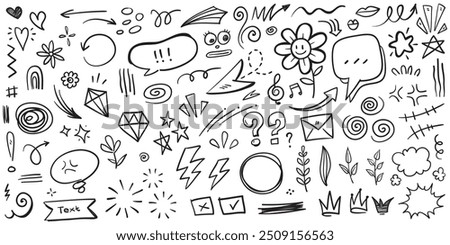 Doodle set of hand-drawn cartoony expression sign doodle, curve directional arrows, emoticon effects design elements, cartoon character emotion symbols, cute decorative brush stroke lines.