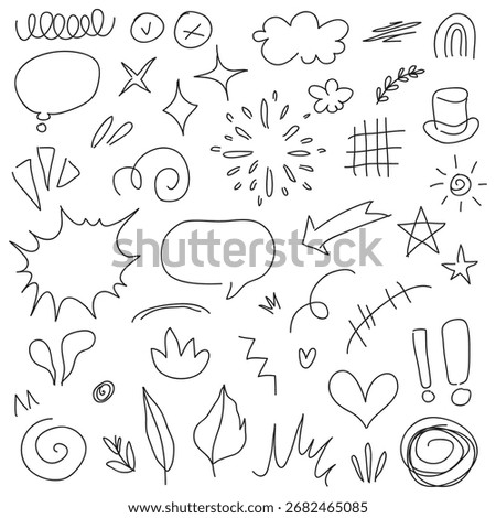 Doodle set of hand-drawn cartoony expression sign doodle, curve directional arrows, emoticon effects design elements, cartoon character emotion symbols, cute decorative brush stroke lines.