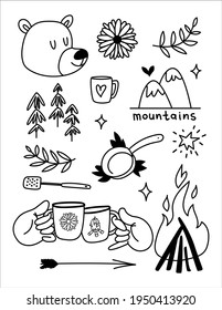 Doodle set of hand-drawn elements for outdoor recreation and cooking in the mountains. Collection of camping characters stay wild, go camping with friends. Vector illustration isolated on white.