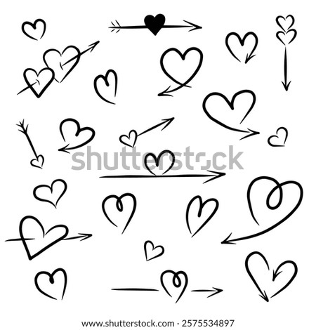 Doodle is a set of hand-drawn heart arrows. Elements for Valentine's Day