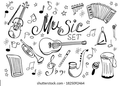 Doodle set of hand-drawn musical instruments. International Music Day. Vector illustration.