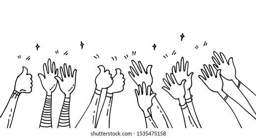 doodle set of hands clapping ovation. applause, thumbs up gesture on doodle style , vector illustration