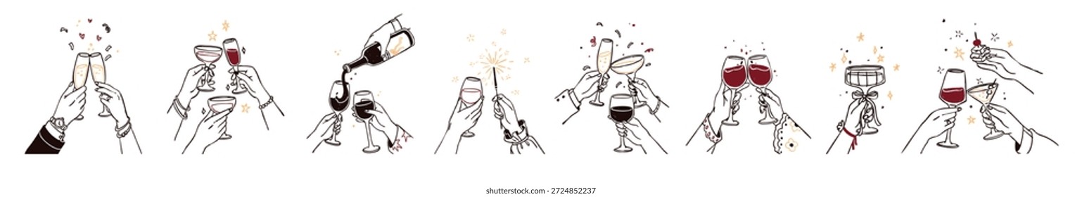 Doodle Handsatz, der eine Cocktailbrille hält. Die Leute jubeln, feiern Feiertage mit Alkohol. Toasts mit Weingläsern auf der Party. Flache, einzeln handgezeichnete Umrissvektorgrafiken auf Weiß