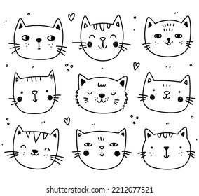 Doodle set of happy and adorable cats isolated on white background. Cute animals. Vector hand-drawn illustration. Perfect for decorations, cards, logo, various designs. Simple cartoon characters.