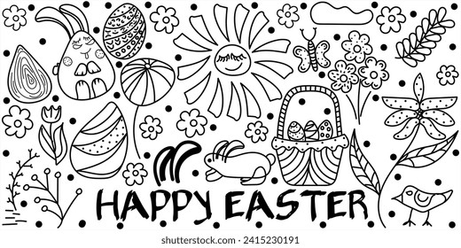Doodle set Happy Easter with the inscription and black dots. Monochrome Vector hand drawn illustration done in black and white colors: sun, bunnies, eggs, flowers, clouds. Isolated on white background