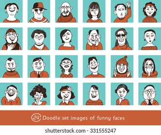  Doodle set happy faces cartoon characters men women.  Vector illustration.