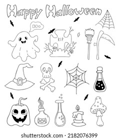 Doodle set Happy Halloween. Jack pumpkin, ghost, skull and crossbones, grave and cobweb, fly agaric, witch hat and witches potion. Vector isolated outline elements for decor, design, decoration
