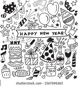 Doodle set of happy New Year elements hand drawn