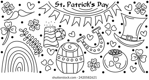 Doodle set Happy St Patrick's Day with text and black dots. Monochrome Vector hand drawn illustration done in black colors. Isolated on white background