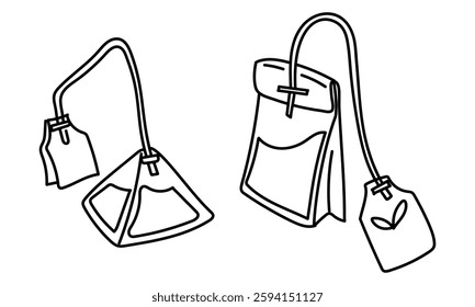Doodle set has two types of tea bags, regular and triangular, ideal for use in advertising, packaging or for tea-related products Monochrome illustration of tea items. Thin fabric with rope and label